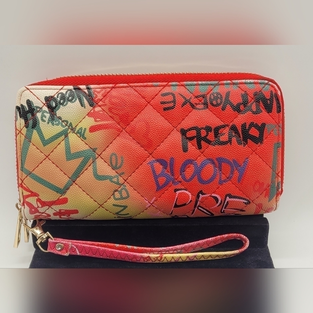 Graffiti Print Quilted Double Zip Around Wallet/ Wristlet​​​